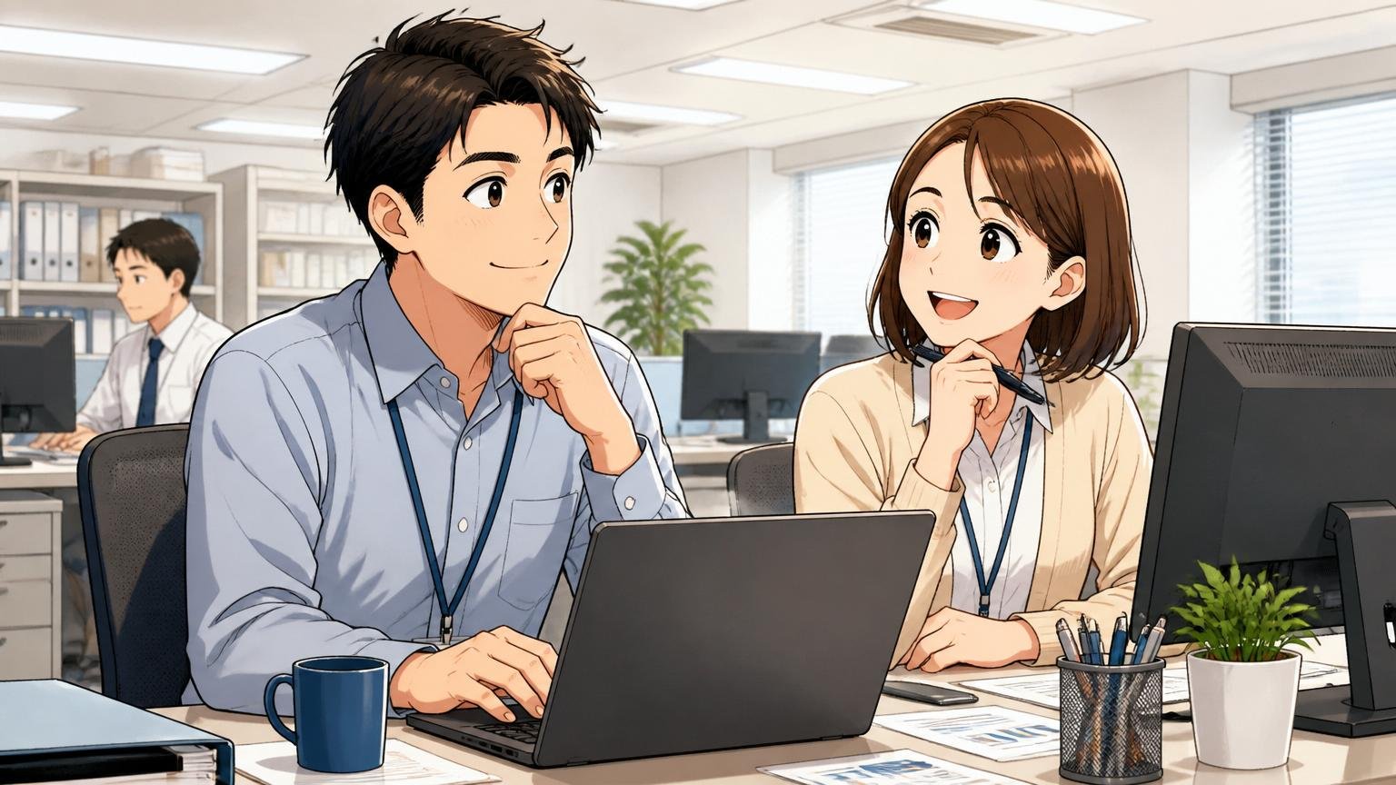 NTTテクノクロスが向いている人。企業のオフィスで落ち着いて働き満足げな表情の30代社員2人