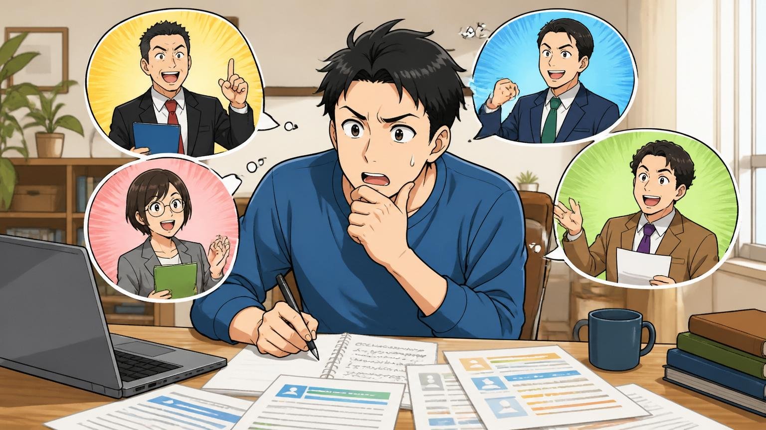 複数の転職エージェントを比較検討する、自宅のデスクでノートPCとメモを広げる30代の転職活動者