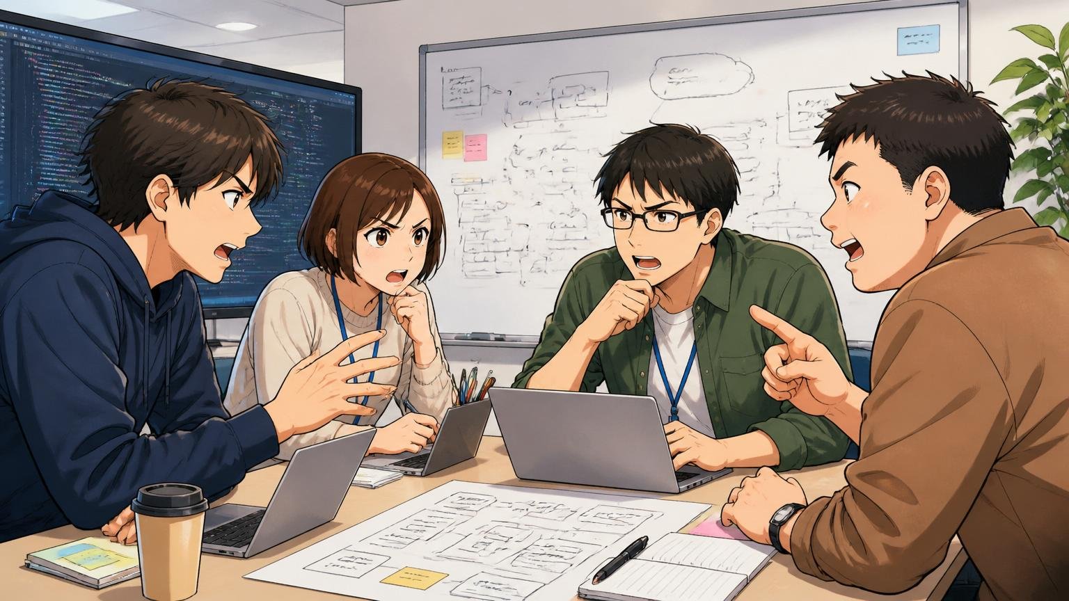 KDDIアイレットに向いている人の3タイプ｜Web系IT企業の会議室で活発に議論する若手中堅エンジニア4名の真剣な表情