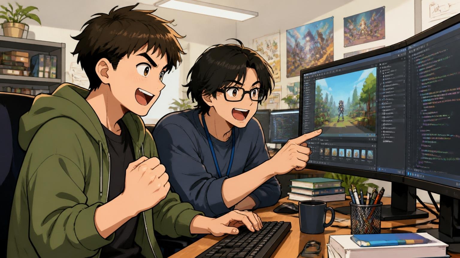 向いている人。中堅ゲーム会社の開発現場でUnityエディタに向かって楽しそうにコードを書くエンジニア2人