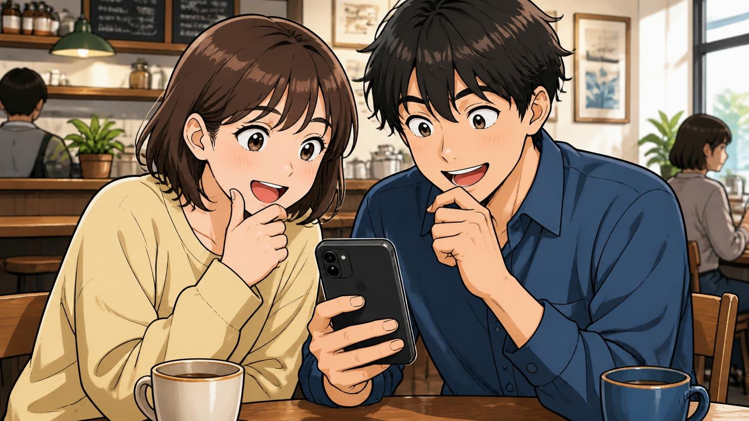OpenWork総合スコア3.88(上位1%)|カフェのテーブルでスマホ画面の評価スコアを確認する20代男女2人、納得した表情