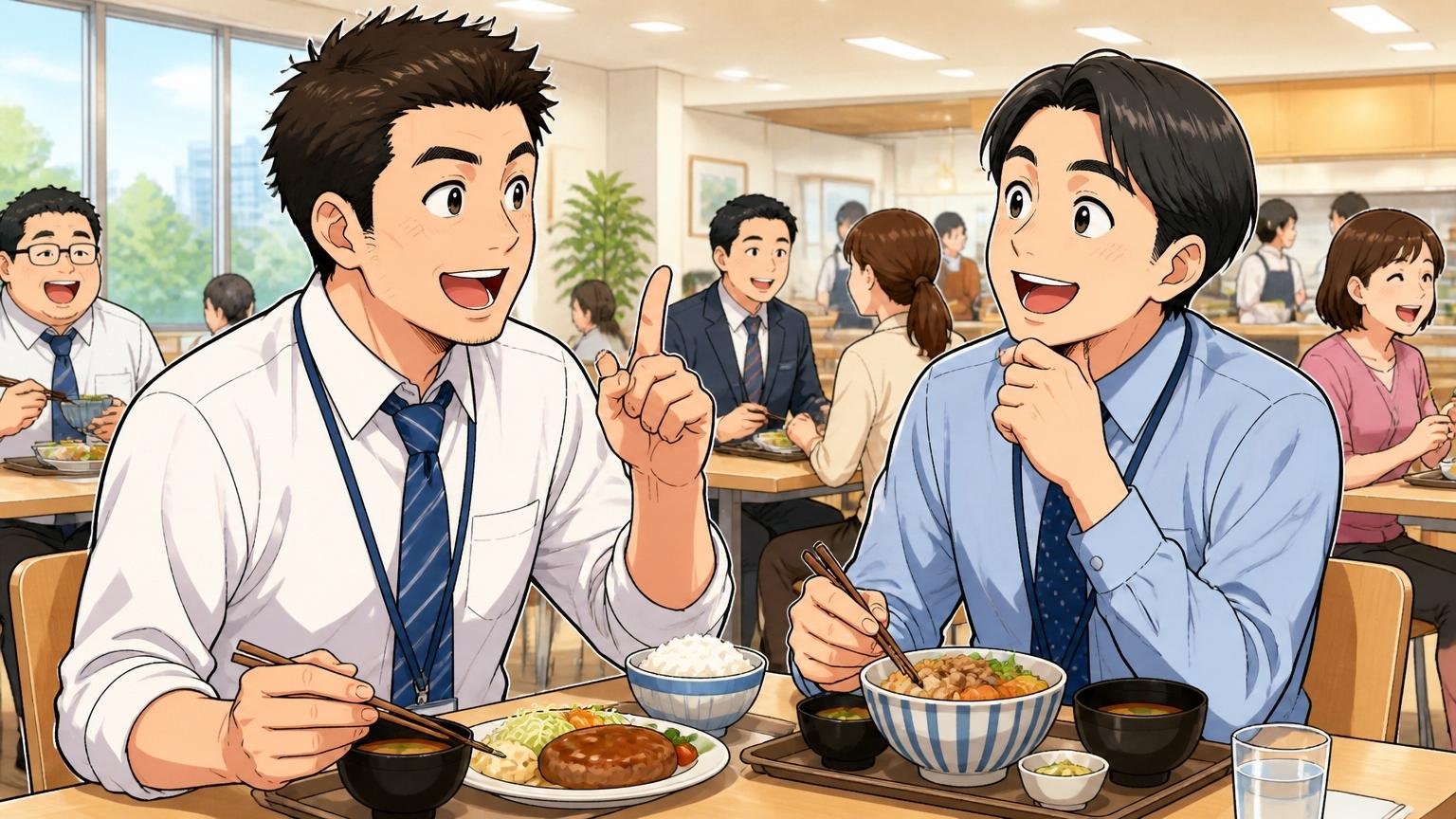 企業の社員食堂で安定志向を笑顔で語る中堅社員2人
