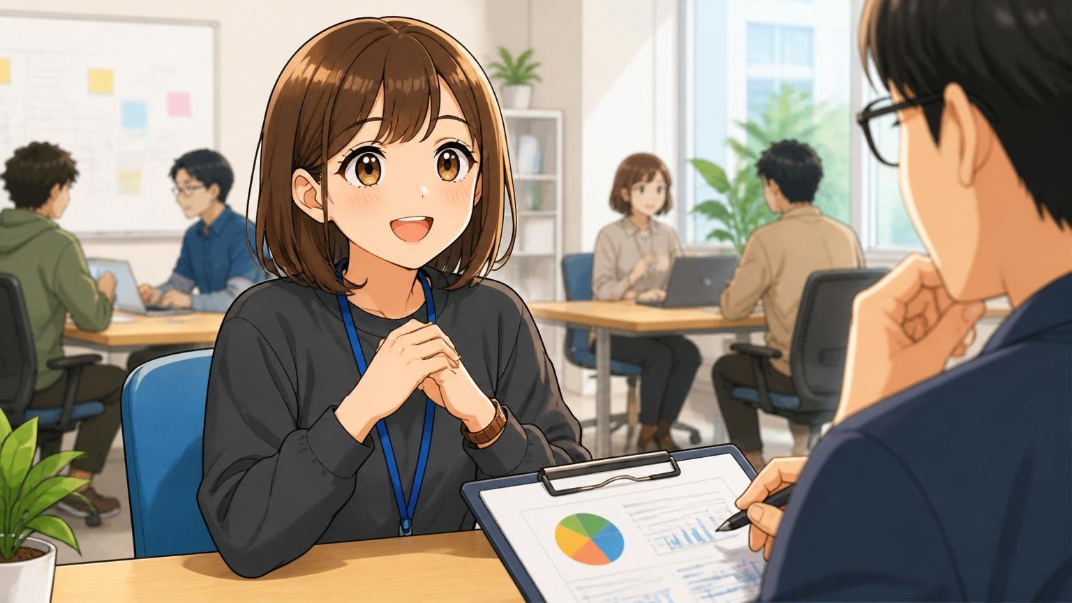 高評価項目「人事評価」「20代成長」が示すもの、Web系スタートアップのオフィスで評価面談を受ける20代女性エンジニア1人、納得した表情