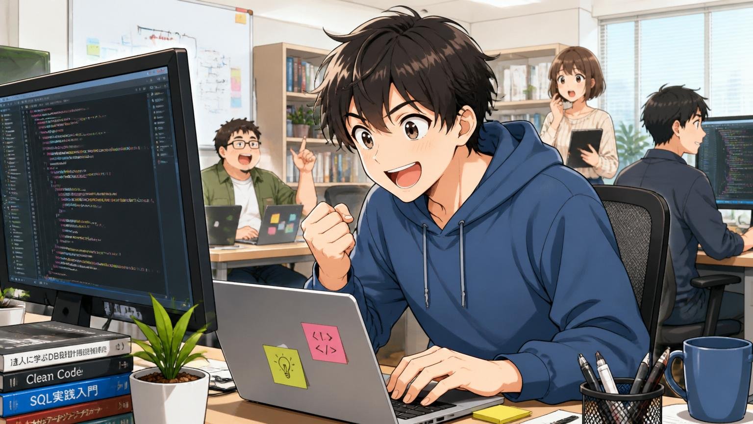 Web系スタートアップのオフィスで20代男性エンジニアが新しい技術に目を輝かせて取り組む