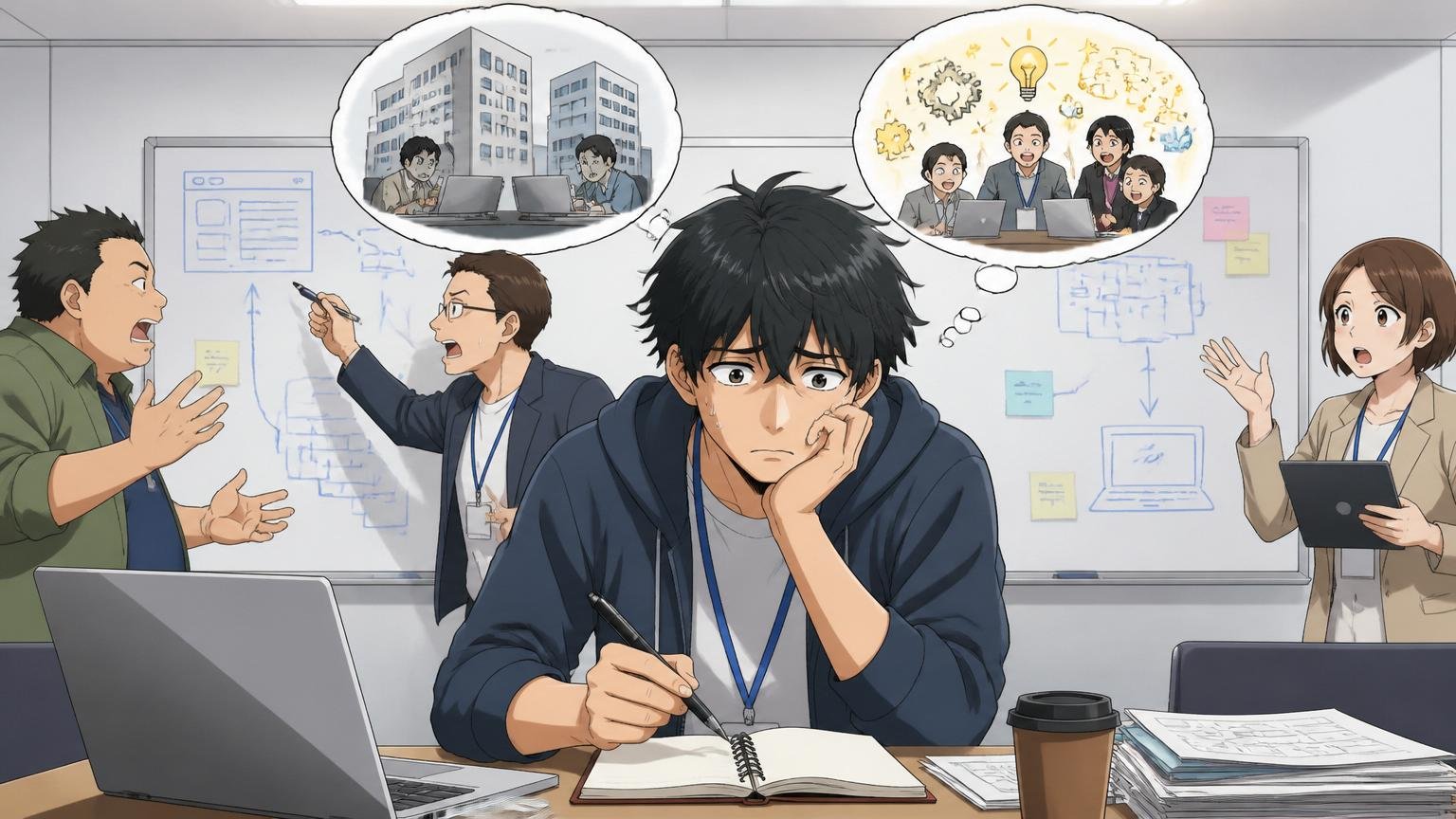 やばいと感じやすいSESエンジニアが企業の会議室で自社開発志向のキャリアプランに悩む様子
