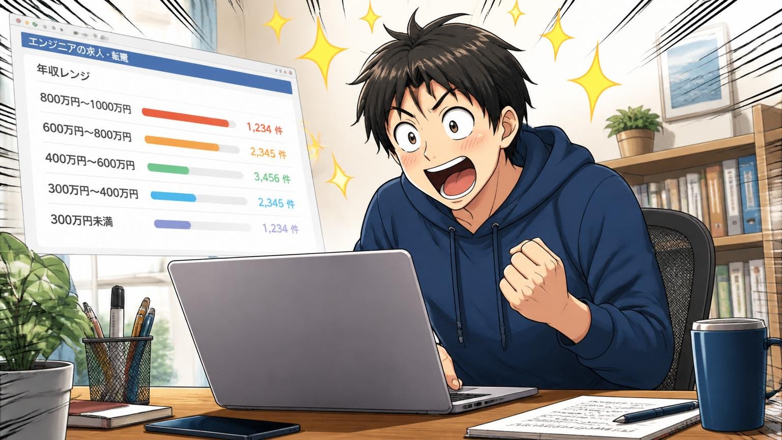 自宅のデスクで在宅勤務のエンジニアが転職サイトの年収レンジを見ながらノートPCの前で驚き喜ぶ表情を浮かべている