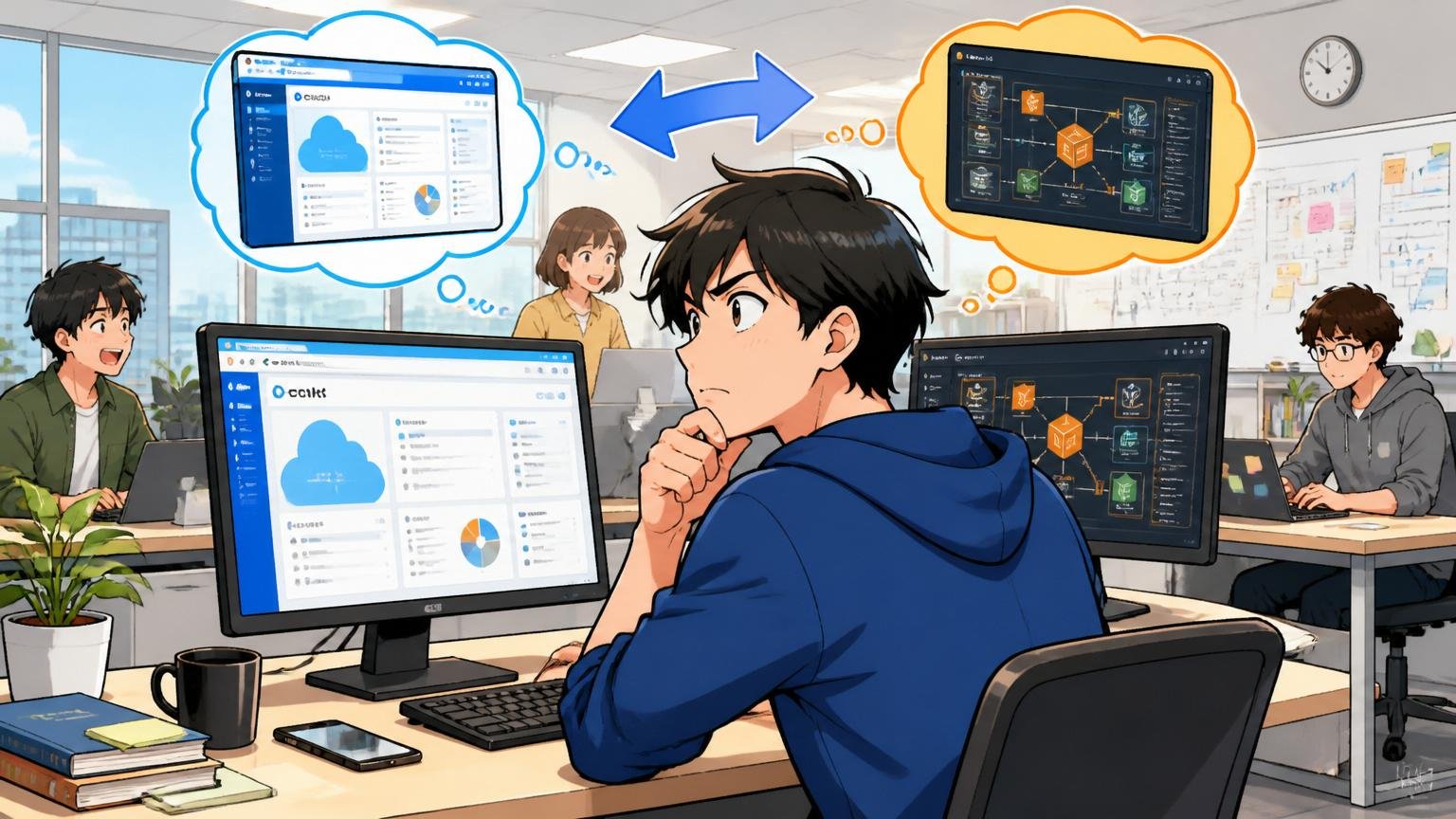 軸①技術領域 — Salesforce／AWS領域でキャリアを伸ばしたいか/Web系スタートアップのオフィスで男性エンジニアがSalesforce画面とAWS画面を切り替え検討