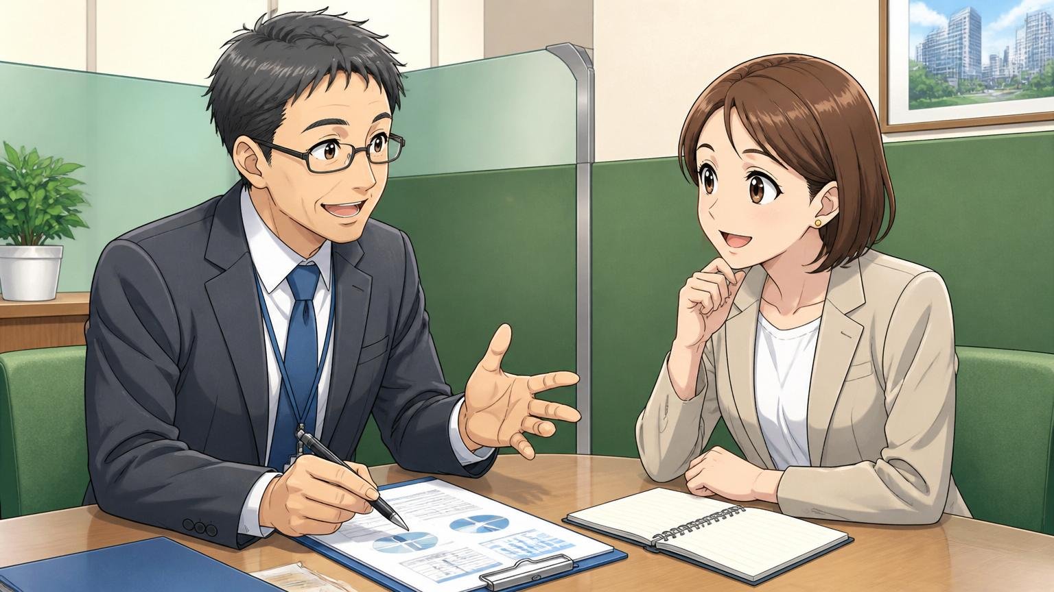 金融機関の打ち合わせブースで顧客と要件を詰める40代男性SE1名と顧客側30代女性1名、信頼関係を感じる表情