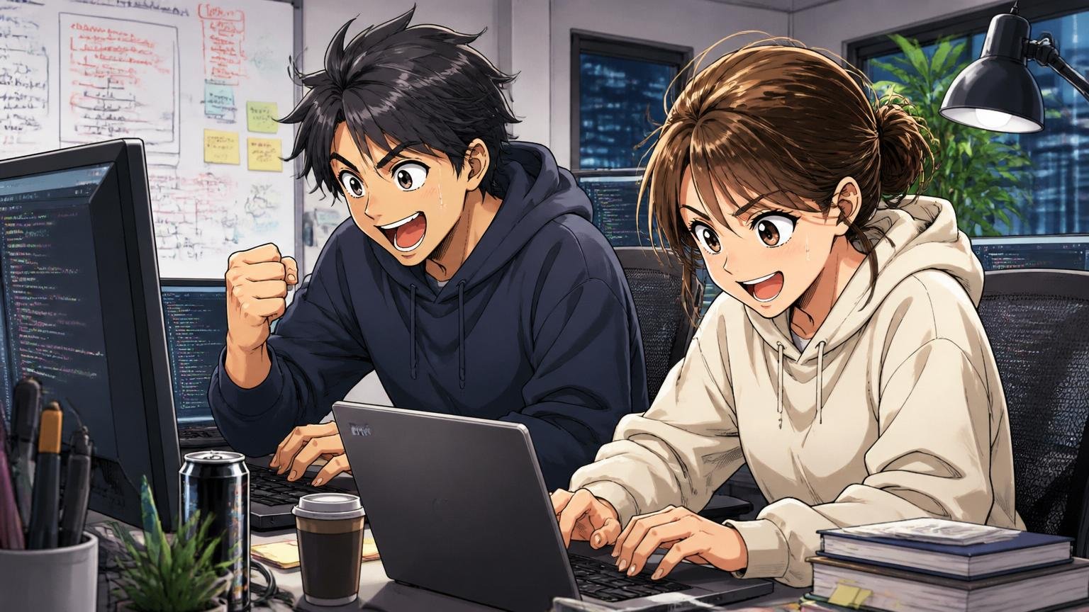 「いい意味でやばい」と感じる人の特徴。Web系スタートアップのオフィスで20代男性エンジニアと20代女性エンジニアの2人が、夜遅くまで楽しそうにコードを書く表情