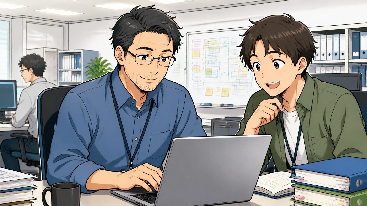 SIerのオフィスで穏やかに長期プロジェクトに取り組む40代男性エンジニアと安心した表情の若手