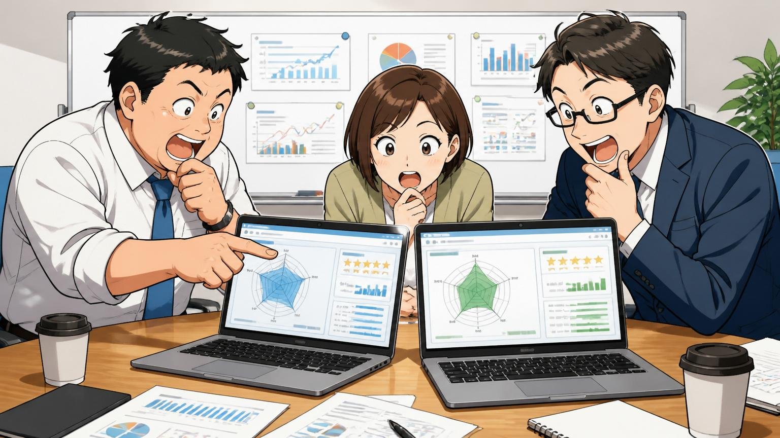 OpenWork総合スコア3.34、転職会議3.90の意味のシーンで、企業の会議室で30代男女3人がノートPCで複数の評価サイトを比較分析している