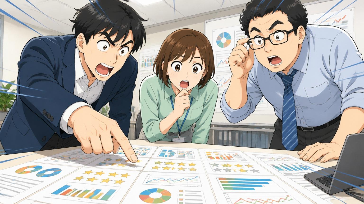 複数サイトの評価を並べて比較する分析オフィスの3人の場面