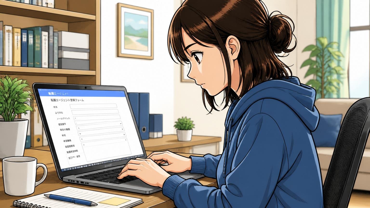 自宅のデスクで在宅勤務中に転職エージェントの登録フォームを入力する30代女性エンジニアの集中した横顔