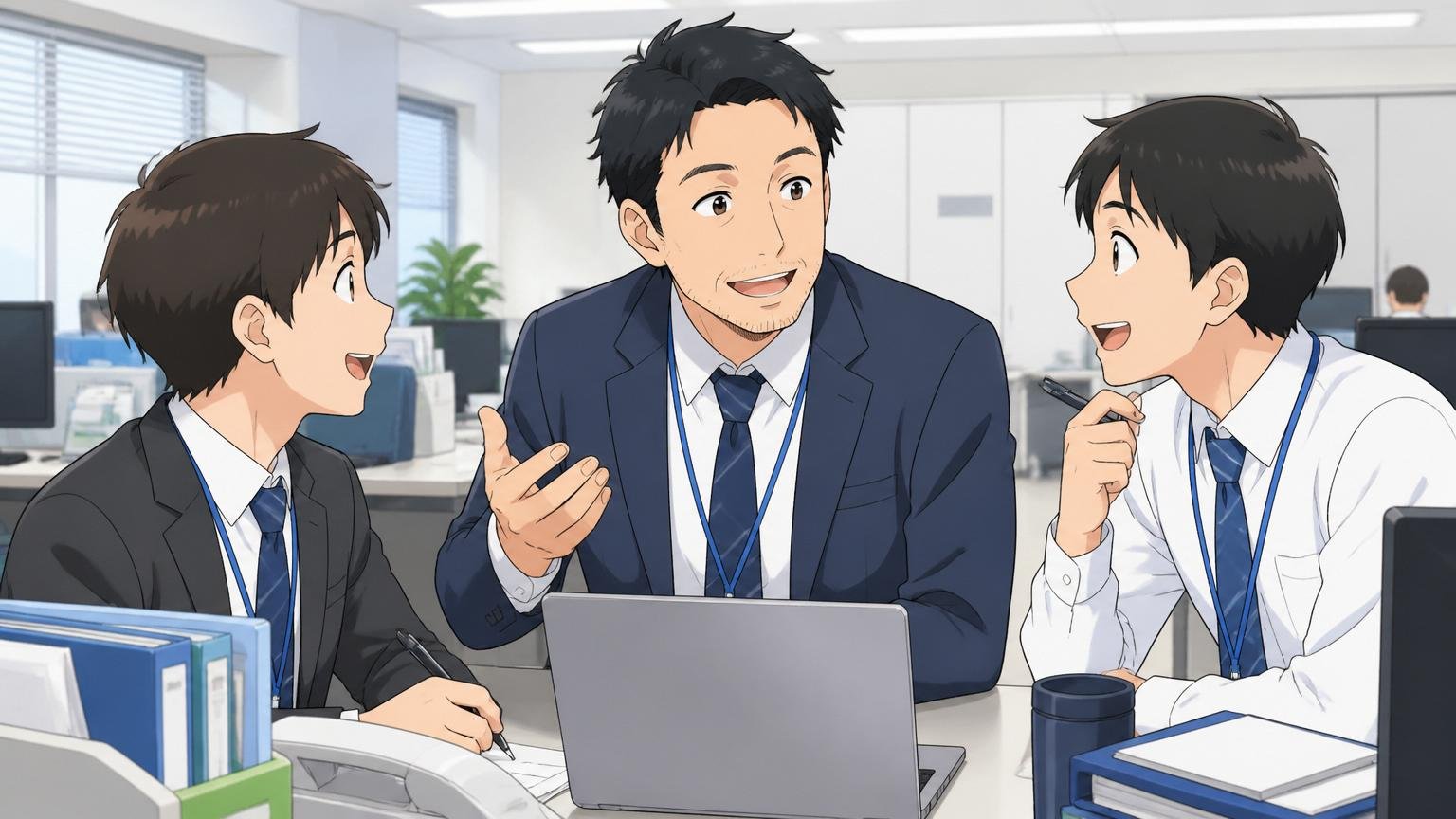 Web系スタートアップとは違うSIerオフィスで穏やかに業務を進める30代男性社員1人と新人2人が和やかに話す