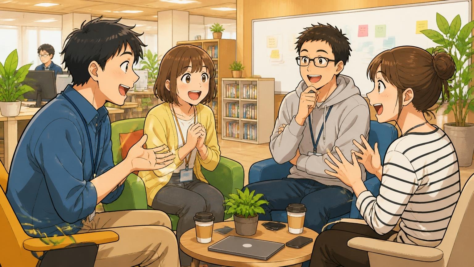Web系企業のオフィスで男女ビジネスパーソン4人が円になって話し合い、温かい雰囲気が漂っている
