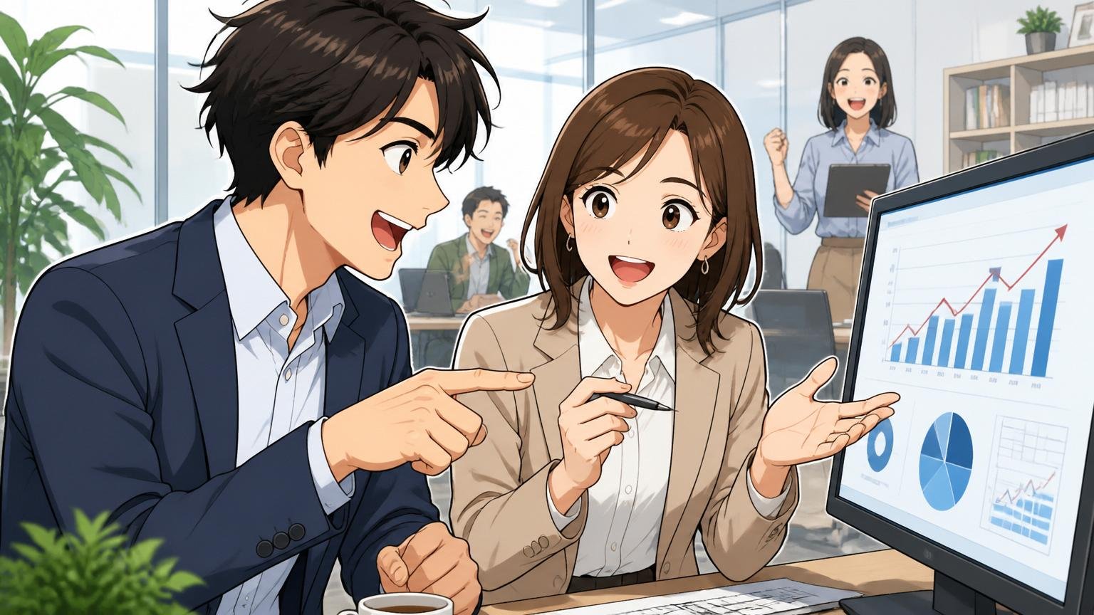 向いている人の特徴、BtoB SaaS企業のオフィスで20代後半男性営業と30代女性が施策結果のグラフを見て笑顔で議論する場面