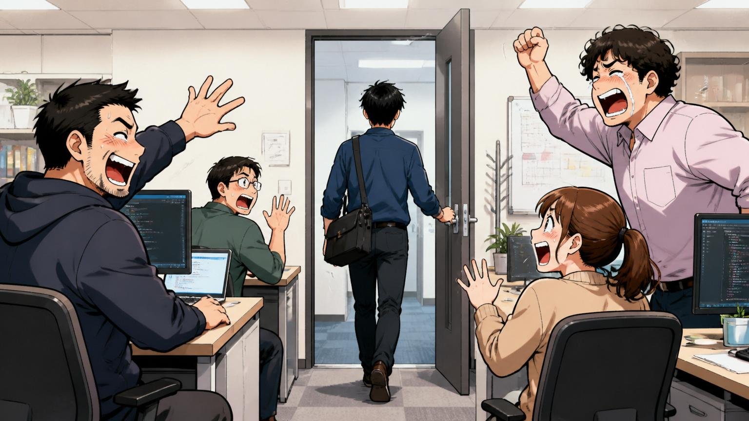 オフィスを去る20代後半男性エンジニア1名（背中を見せて退職）
