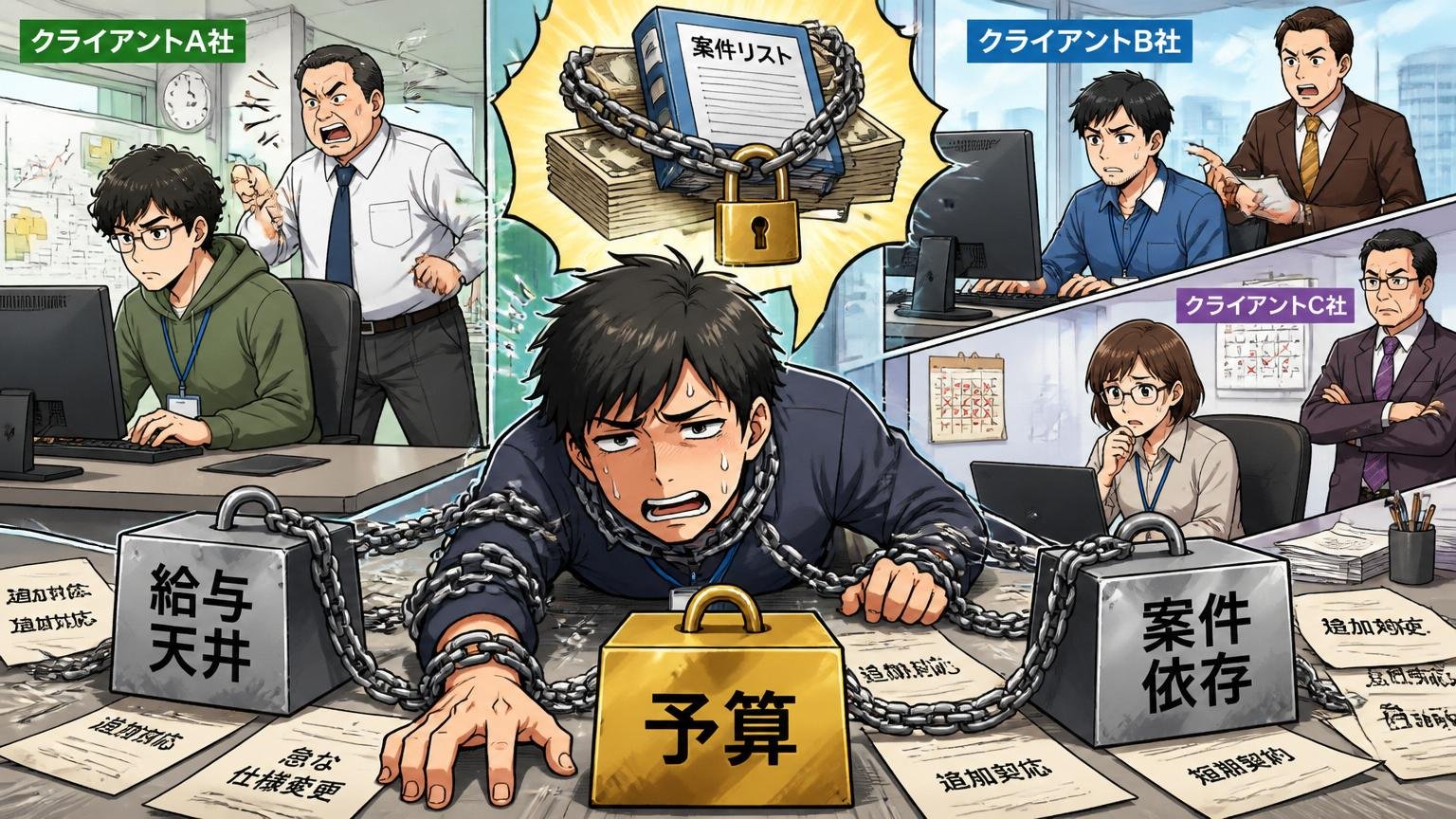 受託・SES寄りモデル共通の構造課題（給与天井・案件依存）。複数のクライアント企業のオフィスに常駐するエンジニアたちが顧客の予算と案件に縛られた働き方をしている対比的なシーン