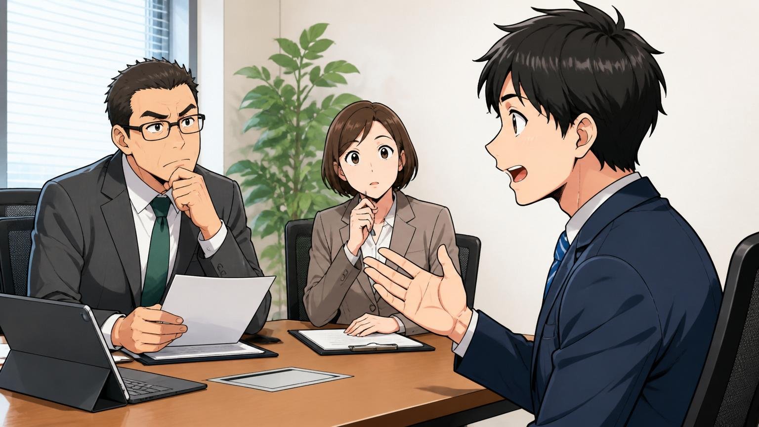 企業の会議室で面接官に対し配属案件について質問するスーツ姿のIT転職希望者