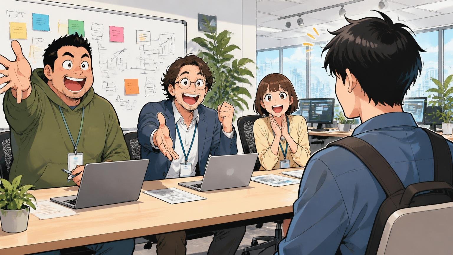 2030年までに不足するIT人材市場。Web系スタートアップのオフィスで採用面接官3人がエンジニア候補者を歓迎するシーン