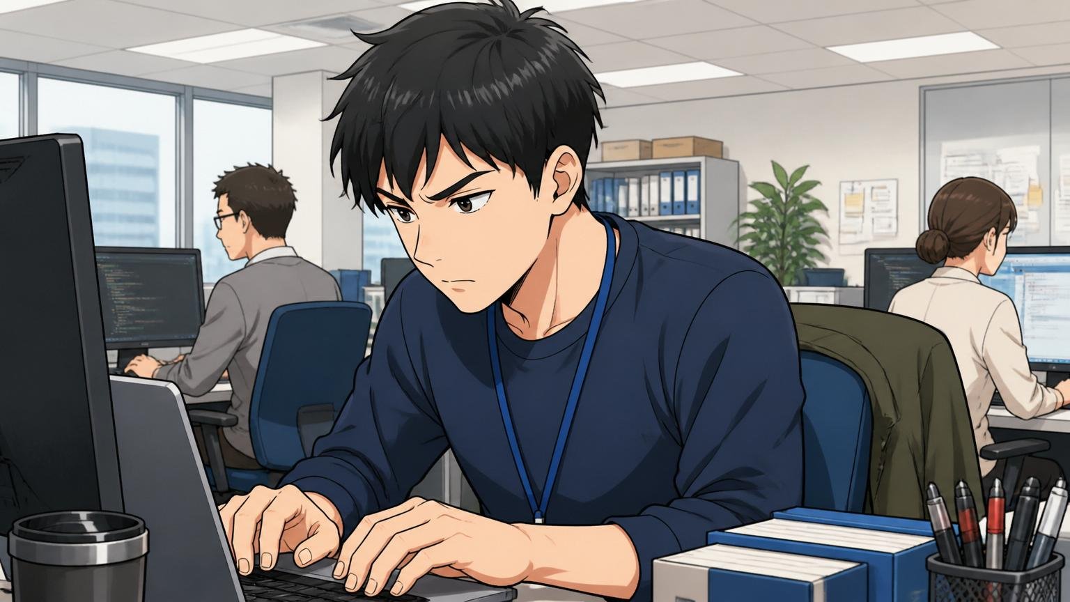 客先の企業オフィスで30代男性エンジニア1人が常駐先のデスクで黙々と作業する集中した表情