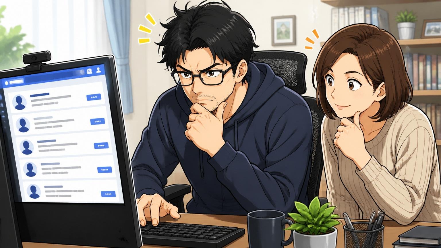 自宅のデスクで転職サイトのスカウト画面を真剣に見つめる30代男性エンジニアと、横で頷く同年代の妻