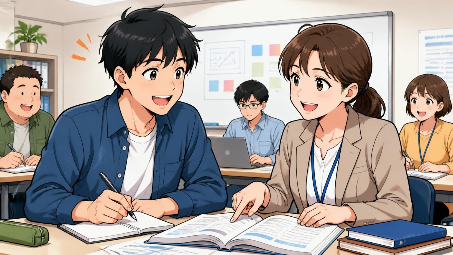 未経験から始められた、教育研修体制がある。研修ルームで20代男性新人と30代女性メンターが穏やかに学んでいる