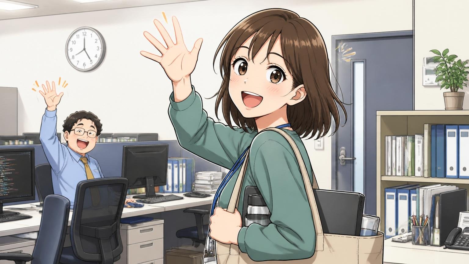 企業のオフィスで定時に荷物をまとめ笑顔で同僚に手を振る30代女性エンジニア1名