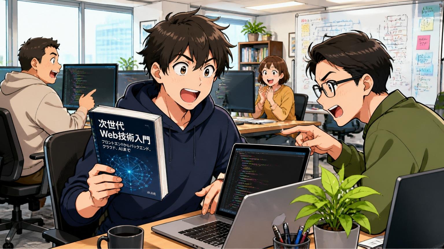 Web系スタートアップのオフィスで、20代後半男性エンジニアが新しい技術書を片手にコードを書き、隣の同僚と議論する活気のある場面