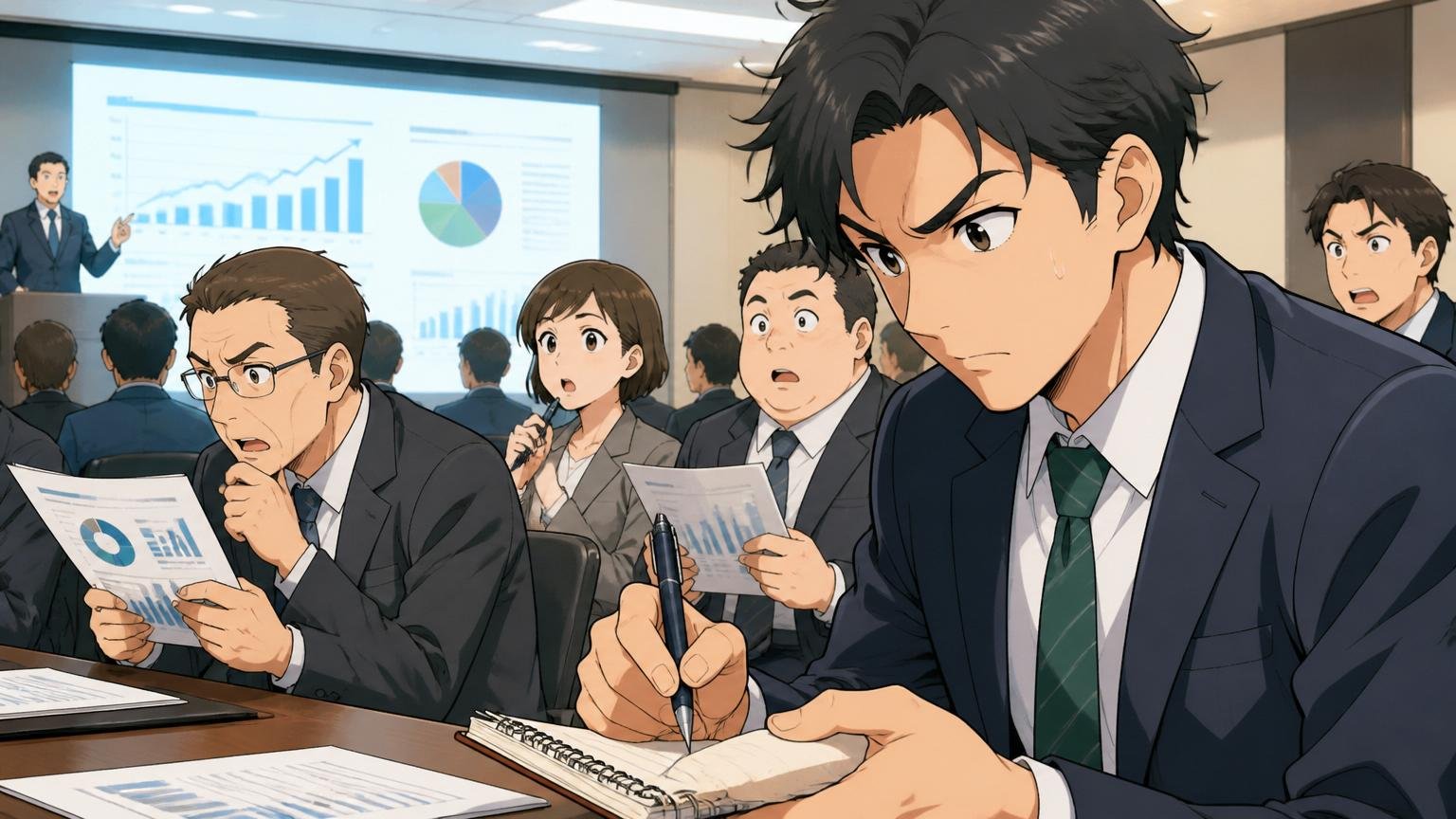 企業のIR会場で業績資料を見ながらメモを取る投資家や社員