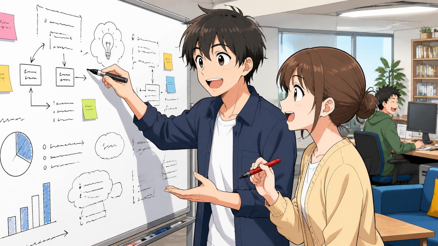 向いている人・Web系企業のオフィスで20代男女2人がホワイトボードに新企画を書き出し笑顔
