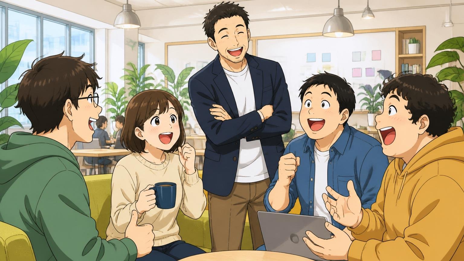 高評価項目（法令順守4.2／風通し4.0）。明るいオフィスのフリースペースでカジュアルに談笑する4人のエンジニアと笑顔のマネジャー