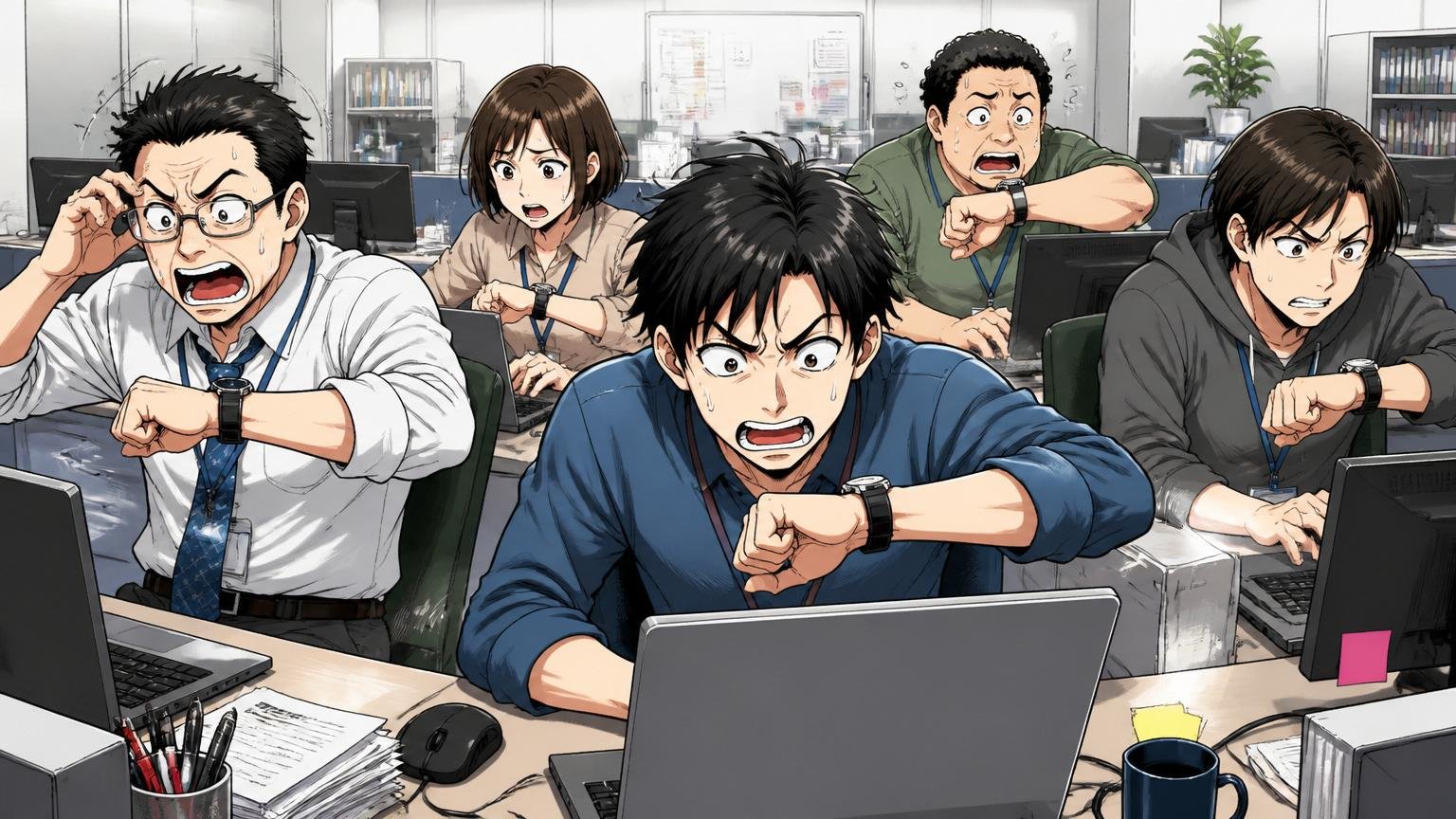 客先常駐ビジネスの時間=売上構造 客先オフィスのフロアで5名のエンジニアが時計を気にしながら作業する場面