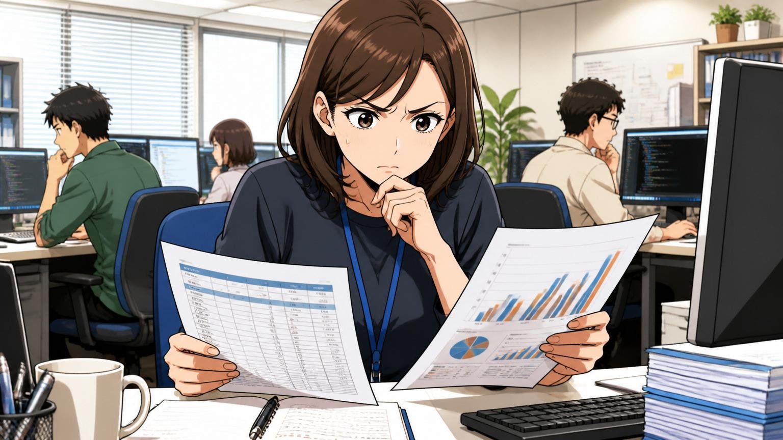オフィスのデスクで給与明細とグラフを比較する30代女性エンジニアの真剣な表情