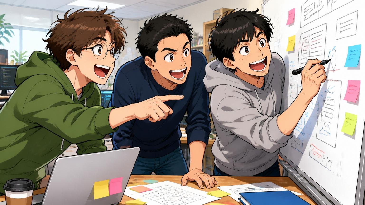 向いている人の特徴。Web系スタートアップのオフィスで3人のエンジニアがホワイトボード前で前のめりに議論、楽しそうな表情