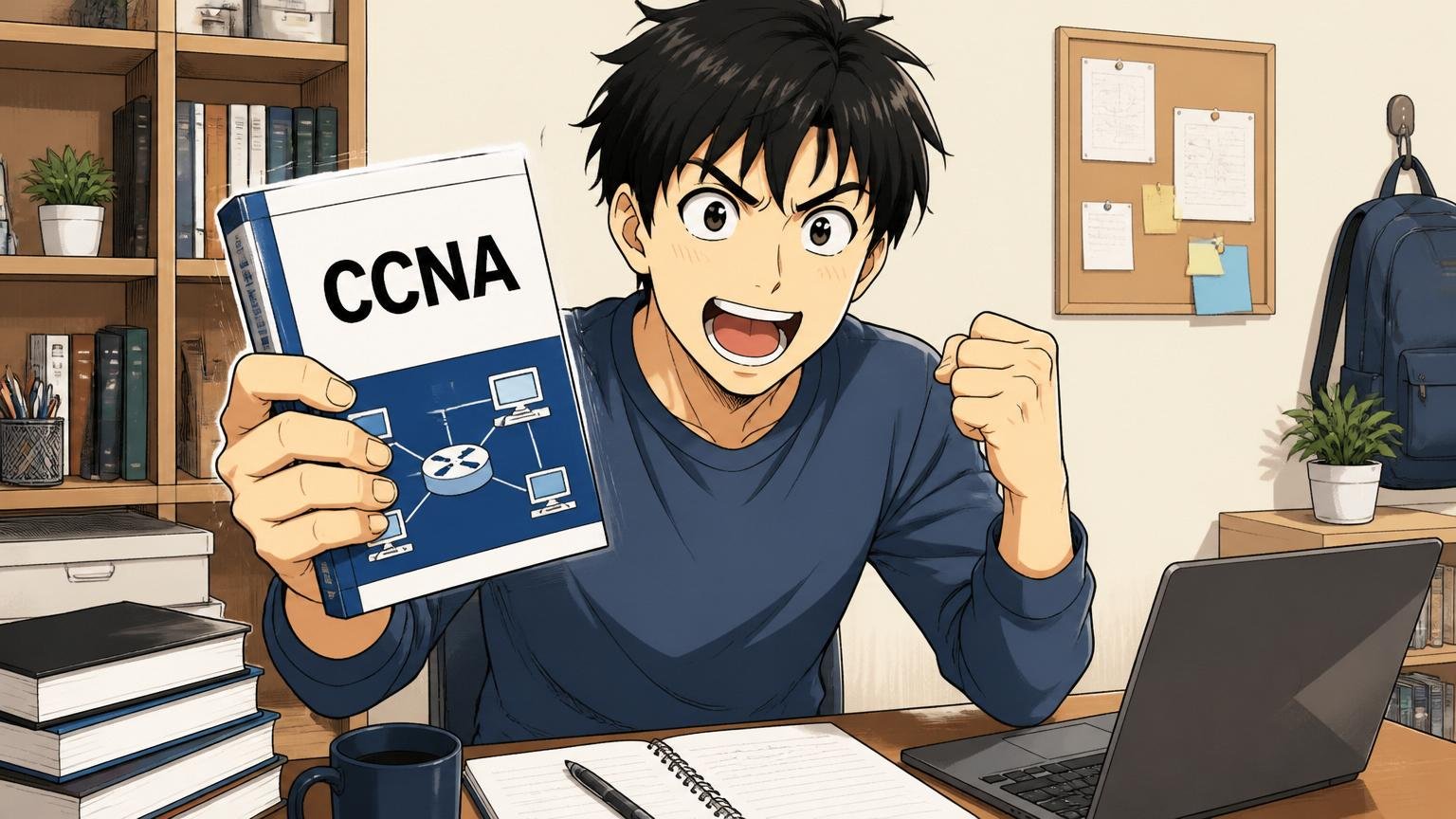 自宅のデスクで20代男性が未経験からITに転職する決意でCCNAテキストを手に取っている