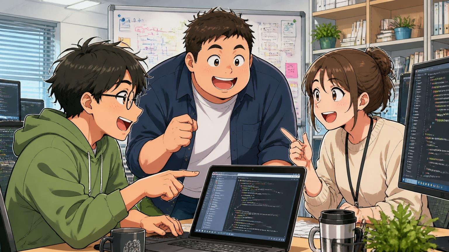 技術好きが集まる環境、開発オフィスで気軽に技術相談し合う多様なエンジニア3人が笑顔
