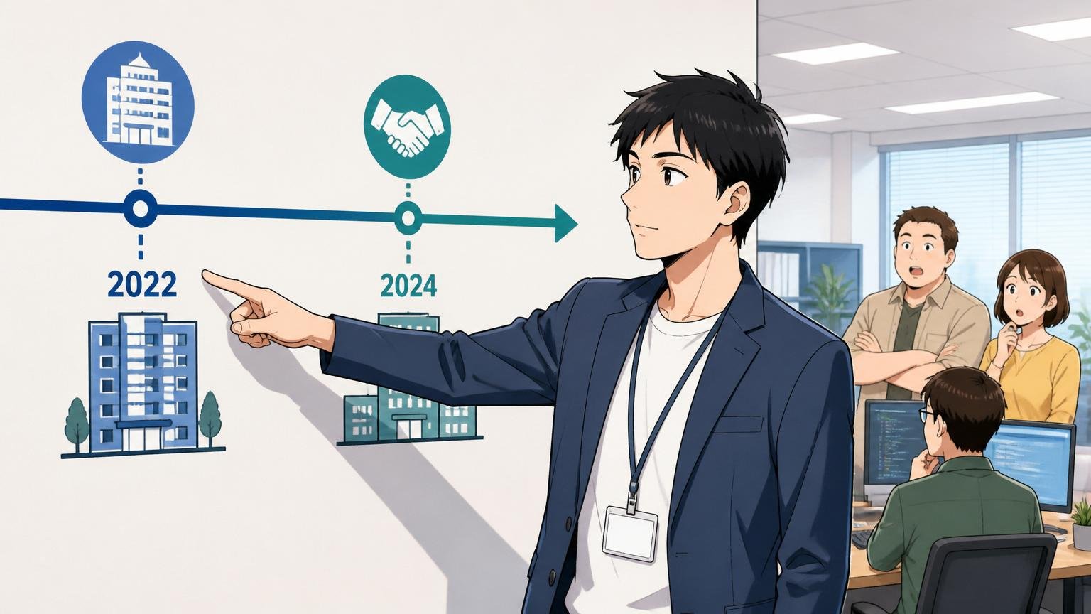 設立2022年・2024年合併という再編を事実で整理、IT企業のオフィスで男性1人が壁の年表を指し示す、冷静な表情