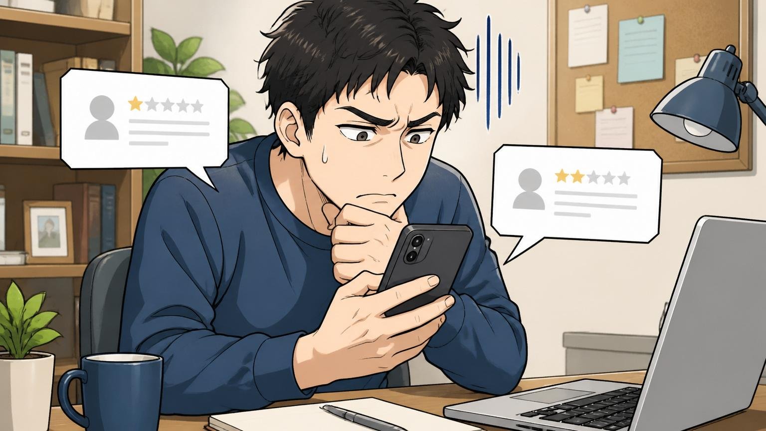 匿名の口コミ1〜2件だけで判断する危険。自宅のデスクでスマホの口コミに眉をひそめる男性1人