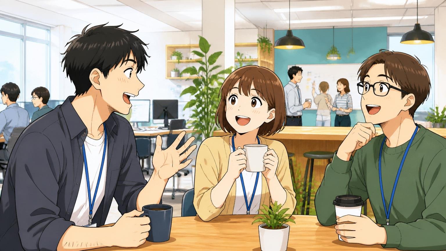 明るい雰囲気のオフィスで雑談する社員 IT企業のオープンオフィス 男女3人が笑顔でカフェ風スペースに集まる
