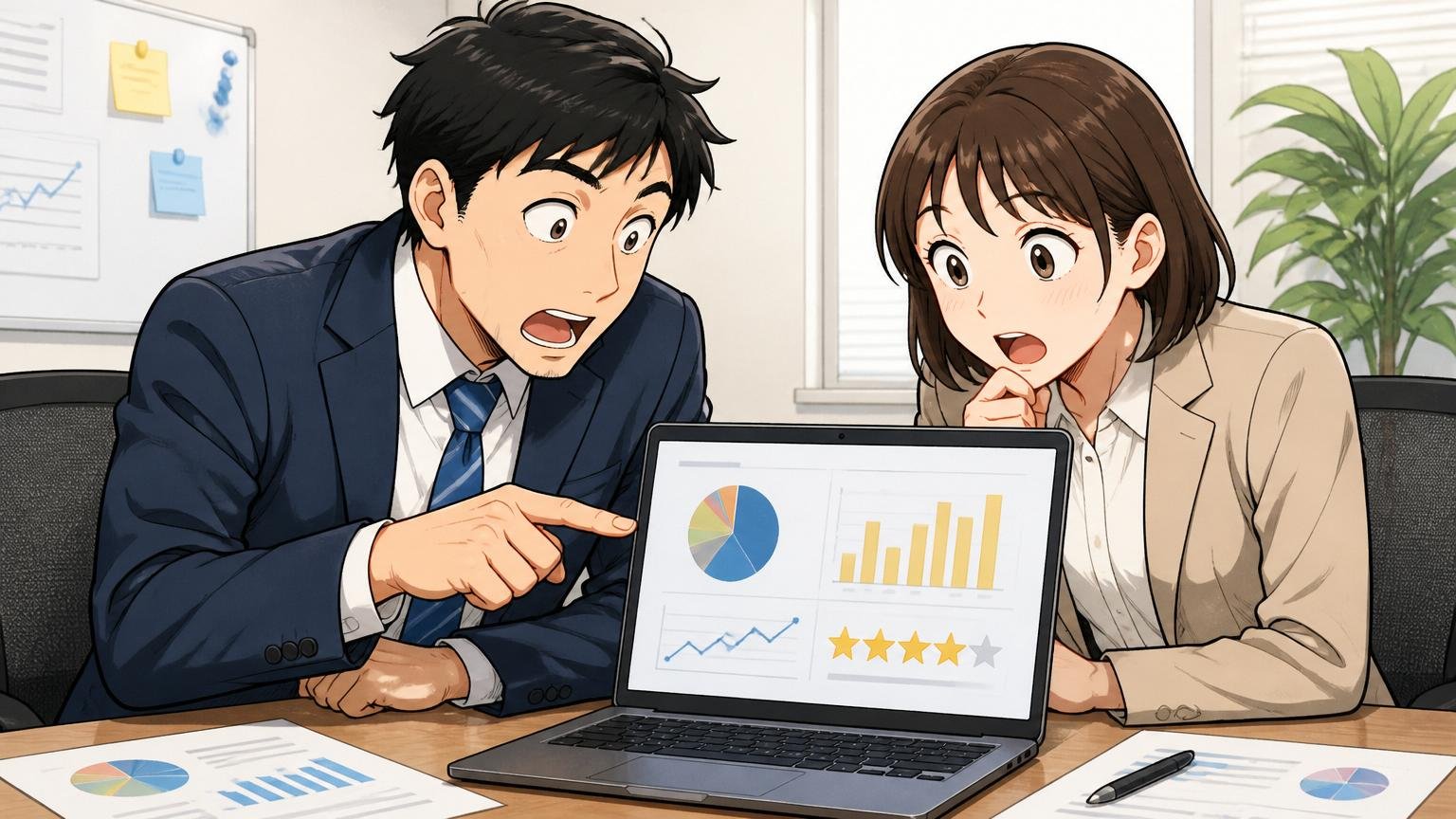 口コミの評価スコアを読む。企業の会議室でノートPCのグラフを見ながら男女2人の社員が数値を確認し合う