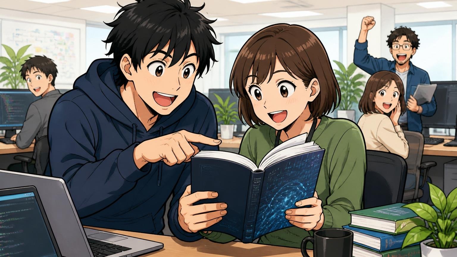 向いている人の特徴。Web系企業のオフィスで前向きな表情のエンジニア男女が新しい技術書を手に学び合う