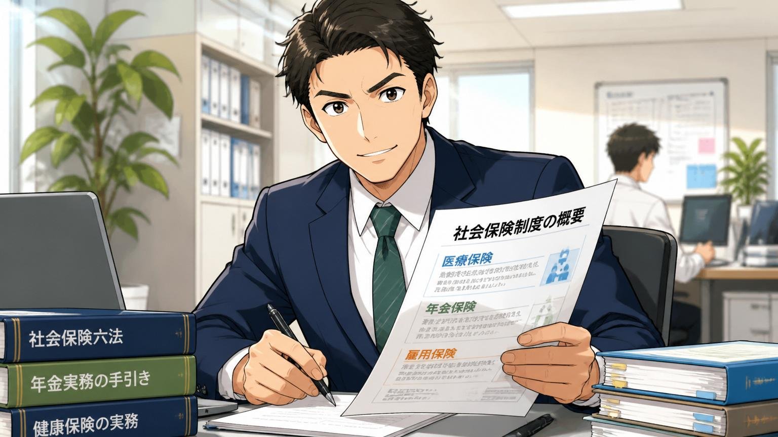 社会保険の専門知識を活かして働く社員。落ち着いたオフィスで男性1人が制度の資料を手に自信のある表情で業務している
