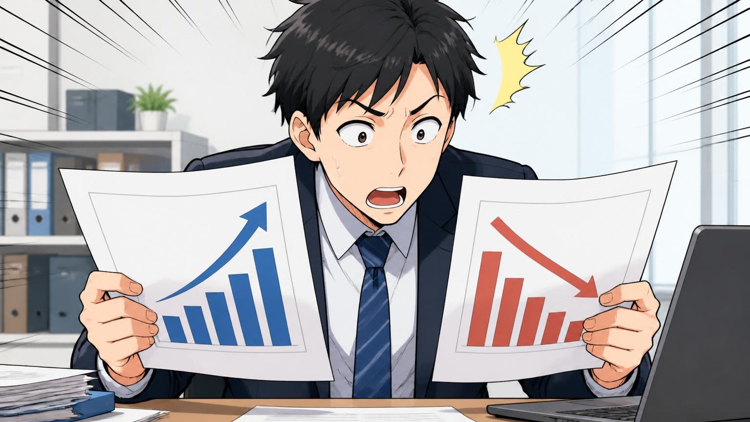 会社の公表値と口コミのギャップに気づく場面|オフィスで2つの数字を見比べて驚く男性社員1人