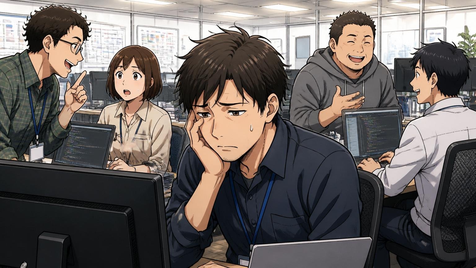 SESとは何かなぜ案件ガチャが起きるのか|客先の開発フロアで他社社員に囲まれて働く30代男性エンジニア