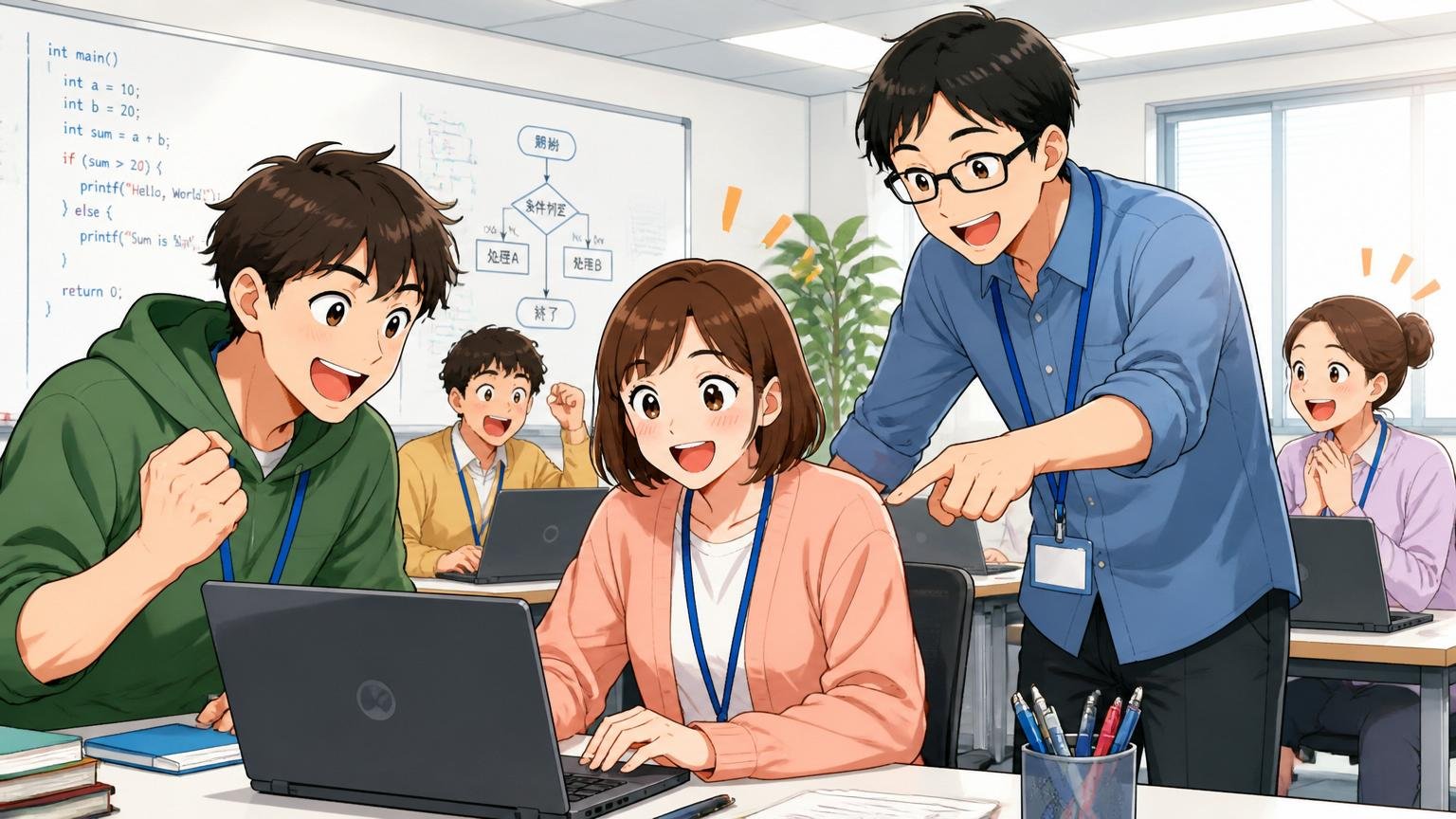 新人研修でプログラミングを学ぶ若手社員たち。IT企業の研修ルームで前向きに学習する明るい様子