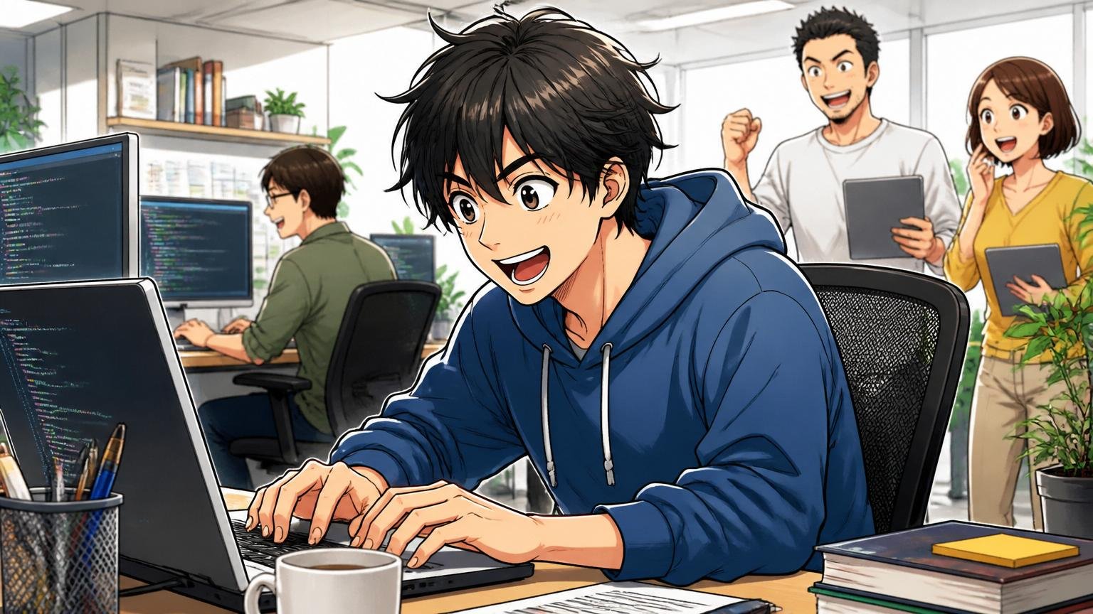 チェック①：自分のキャリアはモダン技術志向か Web系スタートアップのフロアで20代男性がコードを書いて目を輝かせる