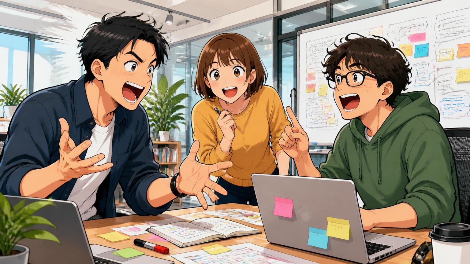 向いている人 裁量と変化を楽しめる人/スタートアップのオフィスで生き生きと議論する社員3人