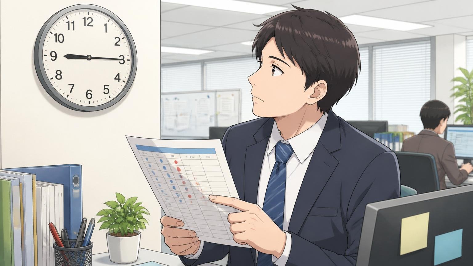 オフィスの壁掛け時計を見ながら勤怠表をチェックする30代男性社員の落ち着いた様子