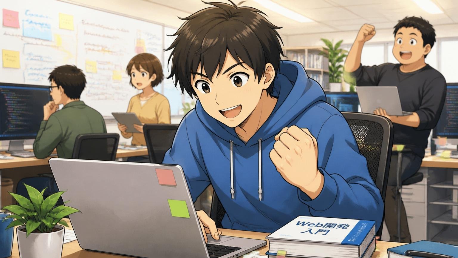 向いている人。Web系スタートアップのオフィスで自ら学び意欲的に取り組む笑顔の20代エンジニア